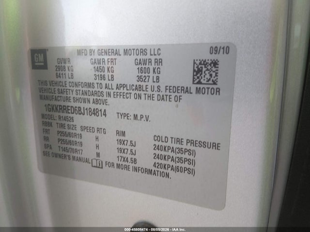 45808474 :رقم المزاد ، 1GKKRRED6BJ184814 vin ، 2011 Gmc Acadia Slt-1 مزاد بيع