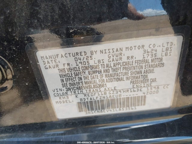 Aukcja sprzedaży 2025 Nissan Versa 1.6 Sv, vin: 3N1CN8EV4SL853561, numer aukcji: 45808476