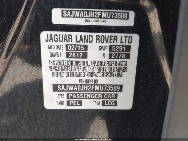 2015 Jaguar Xf Xfr მანქანა იყიდება აუქციონზე, vin: SAJWA0JH2FMU73509, აუქციონის ნომერი: 45808478