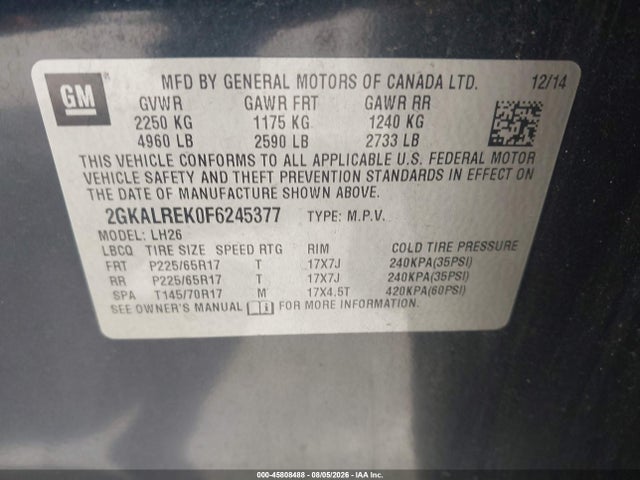 45808488 :رقم المزاد ، 2GKALREK0F6245377 vin ، 2015 Gmc Terrain Sle-2 مزاد بيع