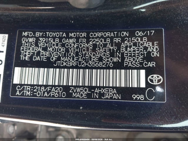 Продажа на аукционе авто 2017 Toyota Prius Two, vin: JTDKBRFU2H3568276, номер лота: 45808490