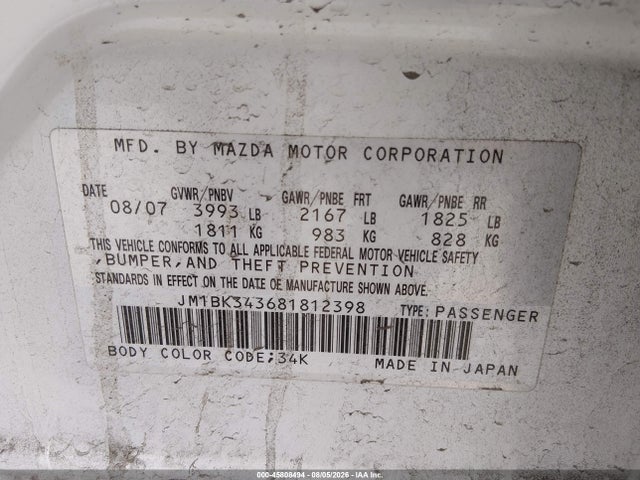 Aukcja sprzedaży 2008 Mazda Mazda3 S Grand Touring, vin: JM1BK343681812398, numer aukcji: 45808494