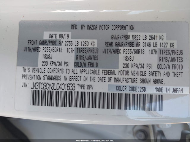 2020 Mazda Cx-9 Touring მანქანა იყიდება აუქციონზე, vin: JM3TCBCY8L0401633, აუქციონის ნომერი: 45808511