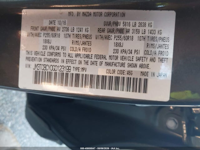 Aukcja sprzedaży 2016 Mazda Cx-9 Touring, vin: JM3TCBCY0G0123199, numer aukcji: 45808547