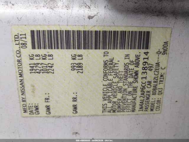 Продажа на аукционе авто 2012 Nissan Altima 2.5 S, vin: 1N4AL2AP6CC138914, номер лота: 45808550