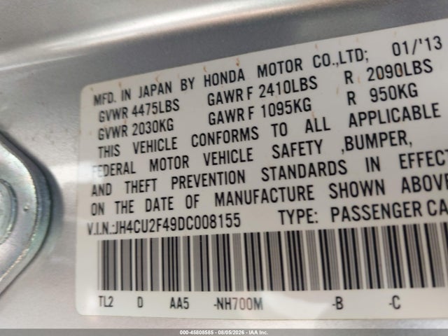 2013 Acura Tsx 2.4 მანქანა იყიდება აუქციონზე, vin: JH4CU2F49DC008155, აუქციონის ნომერი: 45808585