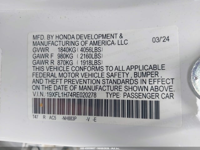 Продажа на аукционе авто 2024 Honda Civic Ex-l, vin: 19XFL1H74RE020278, номер лота: 45808607
