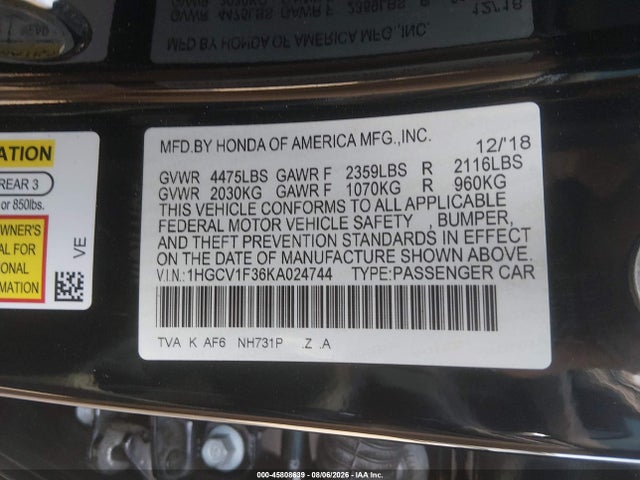 Aukcja sprzedaży 2019 Honda Accord Sport, vin: 1HGCV1F36KA024744, numer aukcji: 45808639