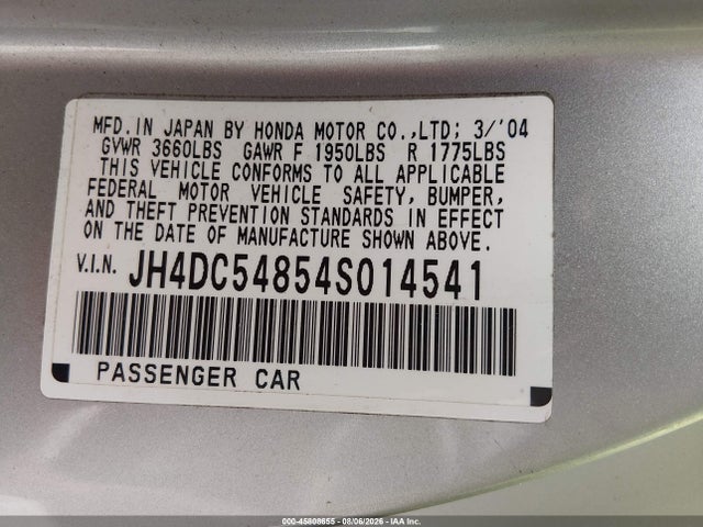 45808655 :رقم المزاد ، JH4DC54854S014541 vin ، 2004 Acura Rsx مزاد بيع