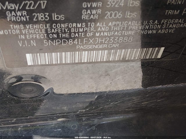 5NPD84LFXJH233888 Hyundai ELANTRA SEL