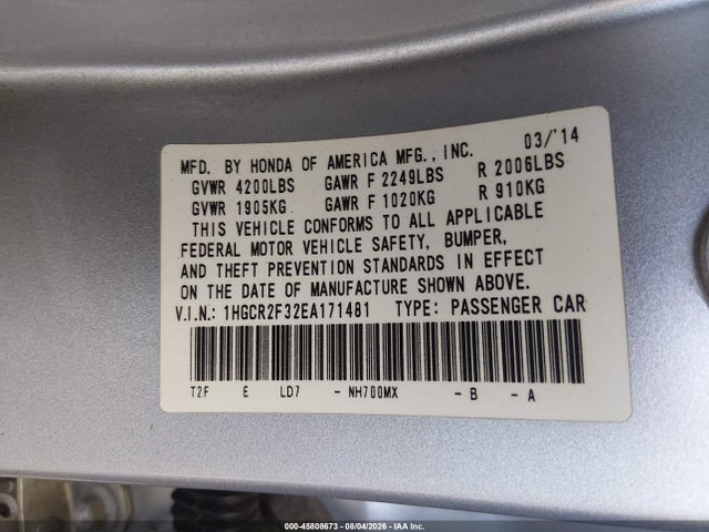 Honda ACCORD LX 2014 1HGCR2F32EA171481 Image 9