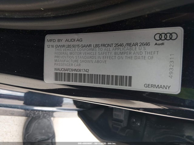 45808697 :رقم المزاد ، WAUC8AFC6HN081742 vin ، 2017 Audi A6 Premium مزاد بيع