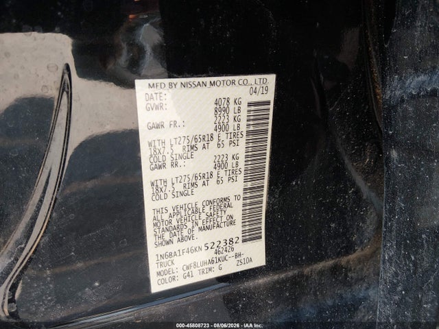 Aukcja sprzedaży 2019 Nissan Titan Xd Pro-4x Diesel, vin: 1N6BA1F46KN522382, numer aukcji: 45808723