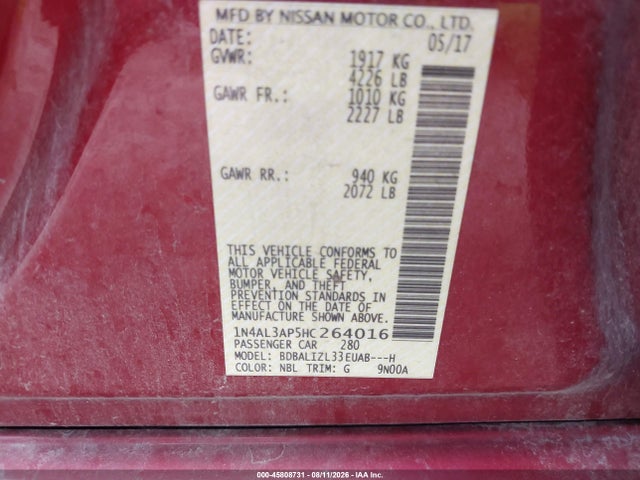 45808731 :رقم المزاد ، 1N4AL3AP5HC264016 vin ، 2017 Nissan Altima 2.5 Sv مزاد بيع