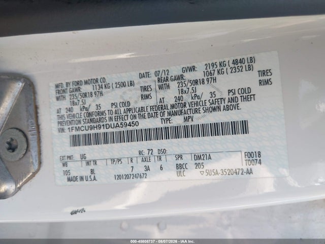 45808737 :رقم المزاد ، 1FMCU9H91DUA59450 vin ، 2013 Ford Escape Sel مزاد بيع