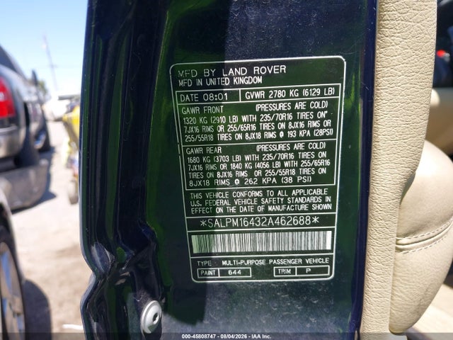 45808747 :رقم المزاد ، SALPM16432A462688 vin ، 2002 Land Rover Range Rover 4.6 Hse مزاد بيع