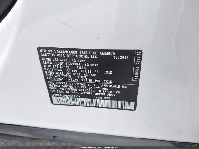 Продаж на аукціоні авто 2018 Volkswagen Atlas 3.6l V6 S, vin: 1V2GR2CA0JC534425, номер лоту: 45808753