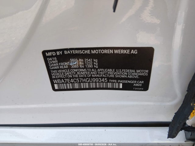 2017 Bmw 740i Xdrive მანქანა იყიდება აუქციონზე, vin: WBA7E4C57HGU99345, აუქციონის ნომერი: 45808755
