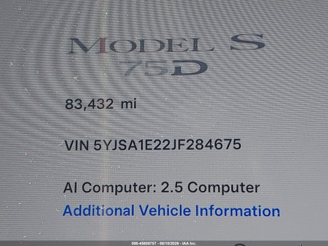 2018 Tesla Model S 100d/75d/p100d მანქანა იყიდება აუქციონზე, vin: 5YJSA1E22JF284675, აუქციონის ნომერი: 45808757