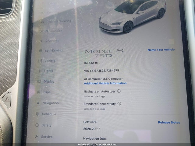 2018 Tesla Model S 100d/75d/p100d მანქანა იყიდება აუქციონზე, vin: 5YJSA1E22JF284675, აუქციონის ნომერი: 45808757