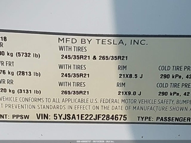 2018 Tesla Model S 100d/75d/p100d მანქანა იყიდება აუქციონზე, vin: 5YJSA1E22JF284675, აუქციონის ნომერი: 45808757