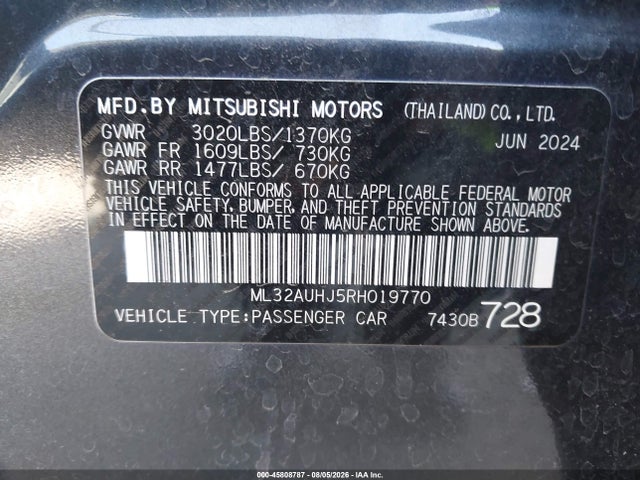 2024 Mitsubishi Mirage Es/le მანქანა იყიდება აუქციონზე, vin: ML32AUHJ5RH019770, აუქციონის ნომერი: 45808787