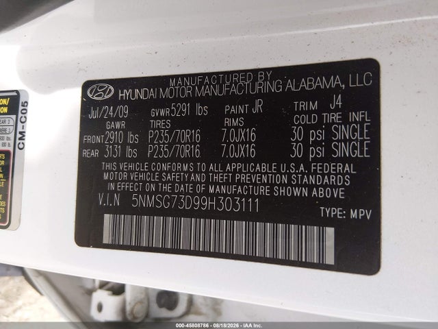 Aukcja sprzedaży 2009 Hyundai Santa Fe Gls, vin: 5NMSG73D99H303111, numer aukcji: 45808786