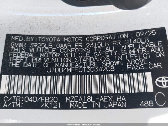 Продажа на аукционе авто 2026 Toyota Corolla Le, vin: JTDB4MEE0T3034208, номер лота: 45808791