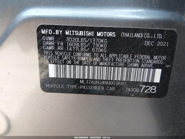 Продажа на аукционе авто 2022 Mitsubishi Mirage Es/le, vin: ML32AUHJ4NH003697, номер лота: 45808800