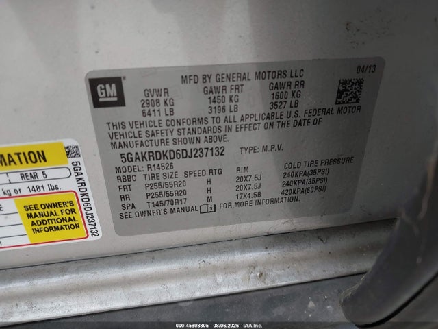 45808805 :رقم المزاد ، 5GAKRDKD6DJ237132 vin ، 2013 Buick Enclave Premium مزاد بيع