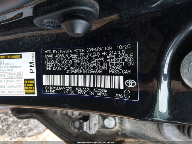 Aukcja sprzedaży 2021 Toyota Corolla Se, vin: JTDP4MCE1MJ066686, numer aukcji: 45808810