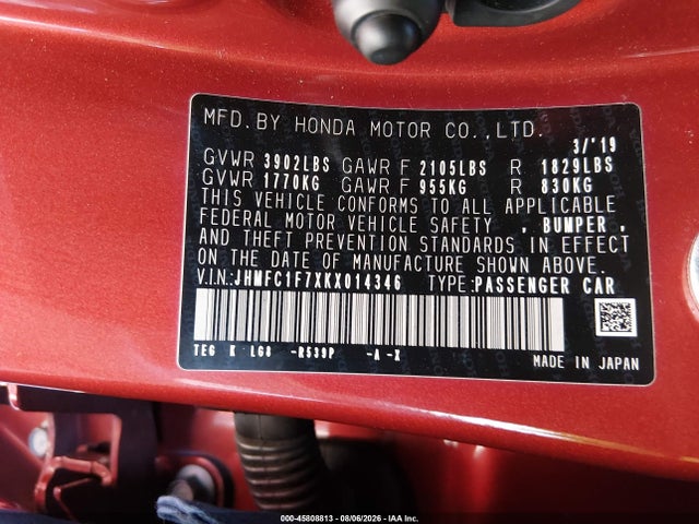 Auction sale of the 2019 Honda Civic Ex-l, vin: JHMFC1F7XKX014346, lot number: 45808813