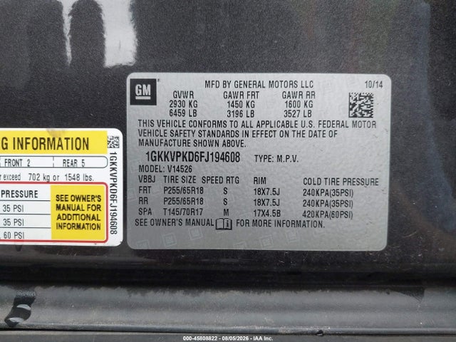 Продаж на аукціоні авто 2015 Gmc Acadia Sle-2, vin: 1GKKVPKD6FJ194608, номер лоту: 45808822