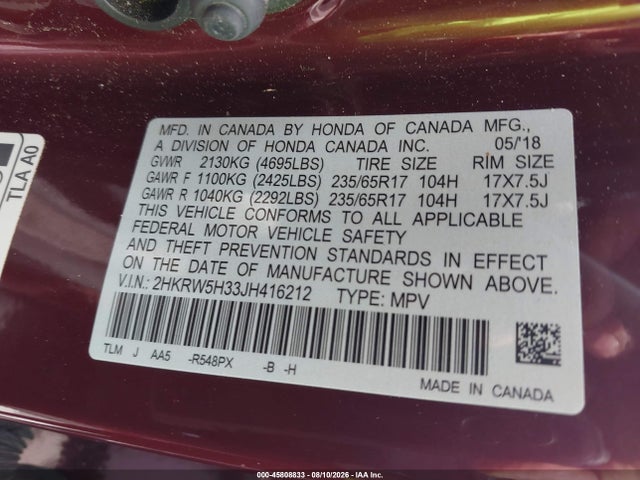 Продажа на аукционе авто 2018 Honda Cr-v Lx, vin: 2HKRW5H33JH416212, номер лота: 45808833