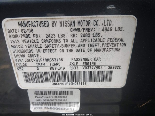 Aukcja sprzedaży 2009 Infiniti G37x, vin: JNKCV61F19M053198, numer aukcji: 45808834