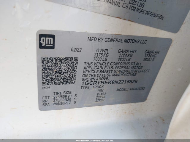 1GCRYBEK9NZ216826 Chevrolet Silverado 1500 Ltd 4wd Standard Bed Custom