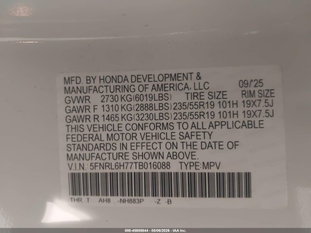 45808844 :رقم المزاد ، 5FNRL6H77TB016088 vin ، 2026 Honda Odyssey Sport-l مزاد بيع