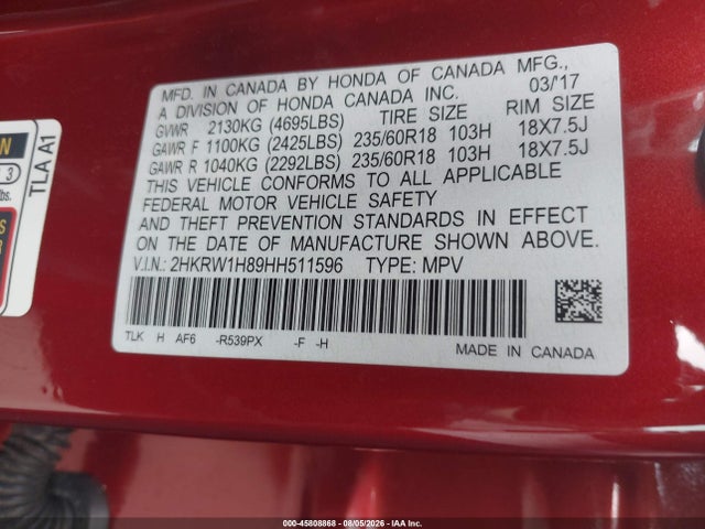 2HKRW1H89HH511596 Honda Cr-v Ex-l/ex-l Navi