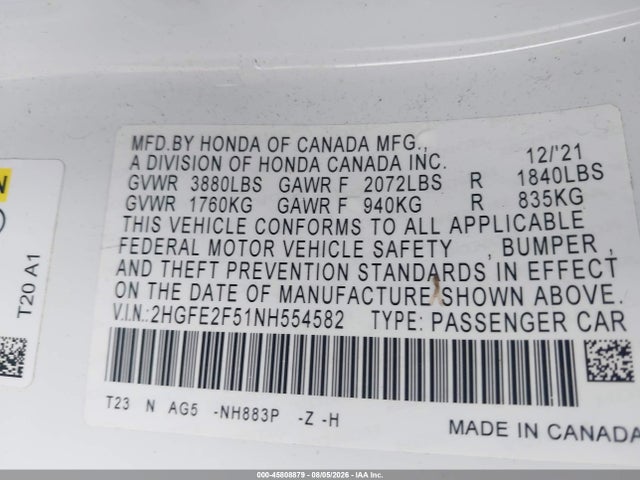 Продажа на аукционе авто 2022 Honda Civic Sport, vin: 2HGFE2F51NH554582, номер лота: 45808879