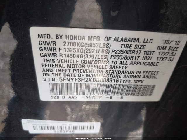 Aukcja sprzedaży 2013 Honda Pilot Lx, vin: 5FNYF3H2XDB008316, numer aukcji: 45808892