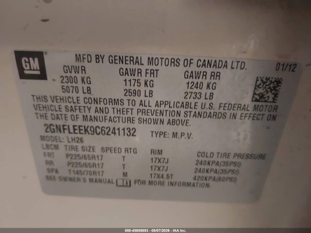 2012 Chevrolet Equinox Lt W/1lt მანქანა იყიდება აუქციონზე, vin: 2GNFLEEK9C6241132, აუქციონის ნომერი: 45808893