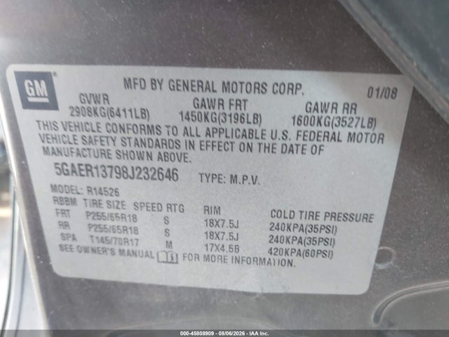 45808909 :رقم المزاد ، 5GAER13798J232646 vin ، 2008 Buick Enclave Cx مزاد بيع