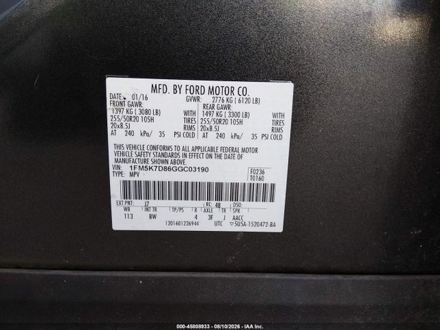 45808933 :رقم المزاد ، 1FM5K7D86GGC03190 vin ، 2016 Ford Explorer Xlt مزاد بيع