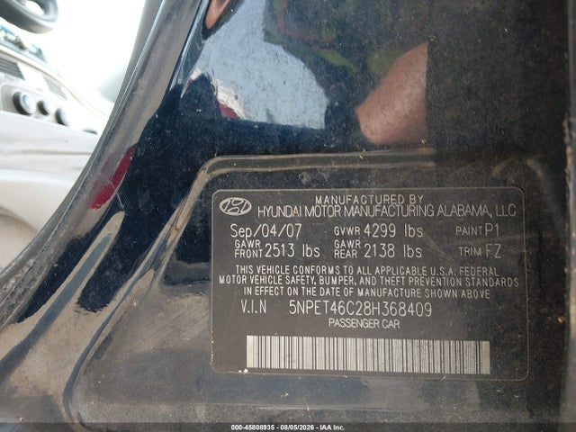 2008 Hyundai Sonata Gls მანქანა იყიდება აუქციონზე, vin: 5NPET46C28H368409, აუქციონის ნომერი: 45808935