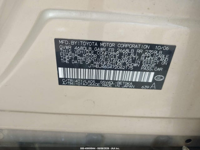 2007 Lexus Es 350 მანქანა იყიდება აუქციონზე, vin: JTHBJ46G472062175, აუქციონის ნომერი: 45808944