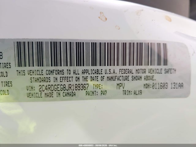 45808953 :رقم المزاد ، 2C4RDGEG8JR189367 vin ، 2018 Dodge Grand Caravan Gt مزاد بيع