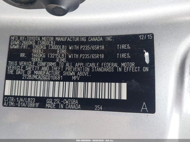 Aukcja sprzedaży 2016 Lexus Rx 350, vin: 2T2BZMCA2GC010681, numer aukcji: 45808956