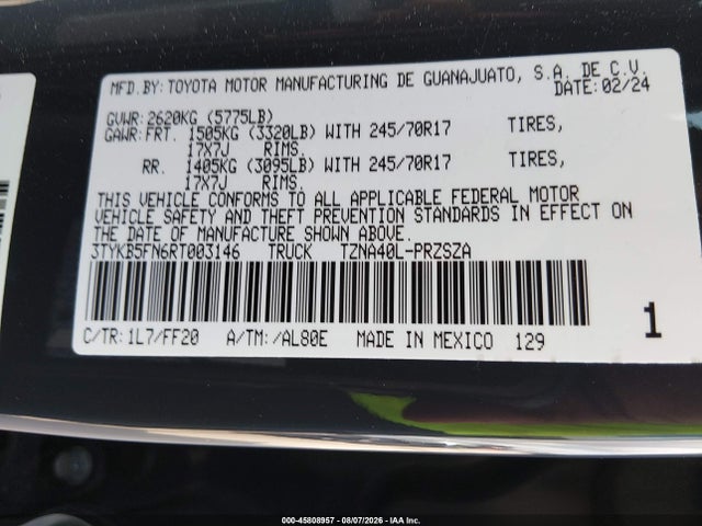 Продаж на аукціоні авто 2024 Toyota Tacoma Sr5, vin: 3TYKB5FN6RT003146, номер лоту: 45808957
