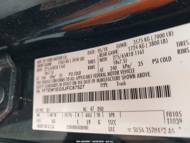 1FTEW1EG5JFC87527 Ford F-150 Xlt