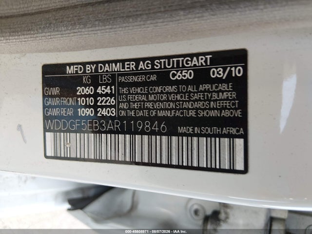 45808971 :رقم المزاد ، WDDGF5EB3AR119846 vin ، 2010 Mercedes-benz C 300 Luxury/sport مزاد بيع